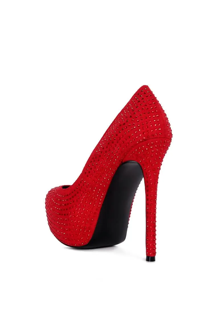 Glamorous Diamante-Studded Faux Suede Stiletto Heels