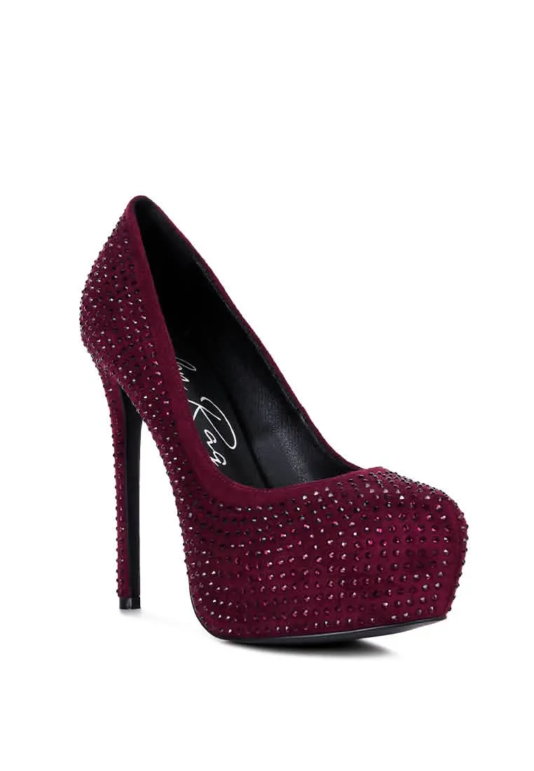 Glamorous Diamante-Studded Faux Suede Stiletto Heels