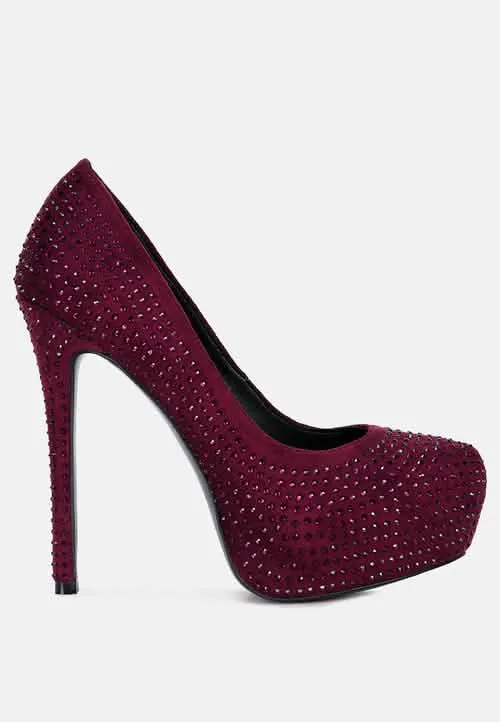 Glamorous Diamante-Studded Faux Suede Stiletto Heels