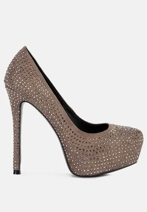 Glamorous Diamante-Studded Faux Suede Stiletto Heels