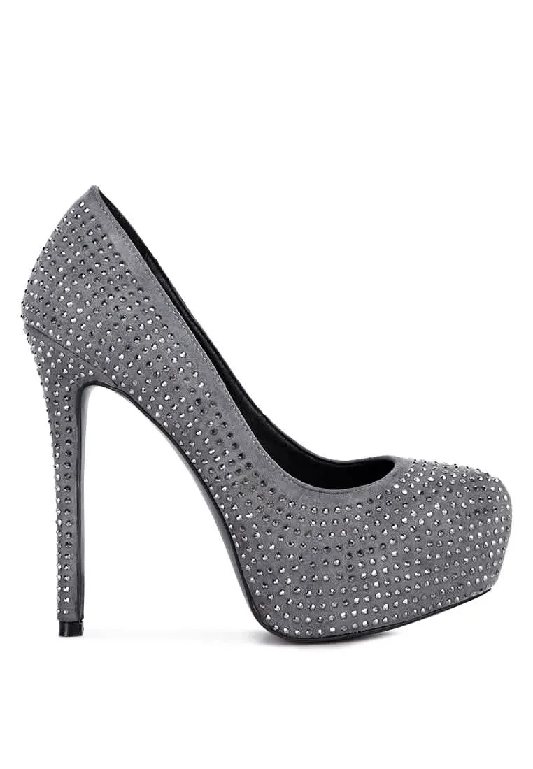 Glamorous Diamante-Studded Faux Suede Stiletto Heels