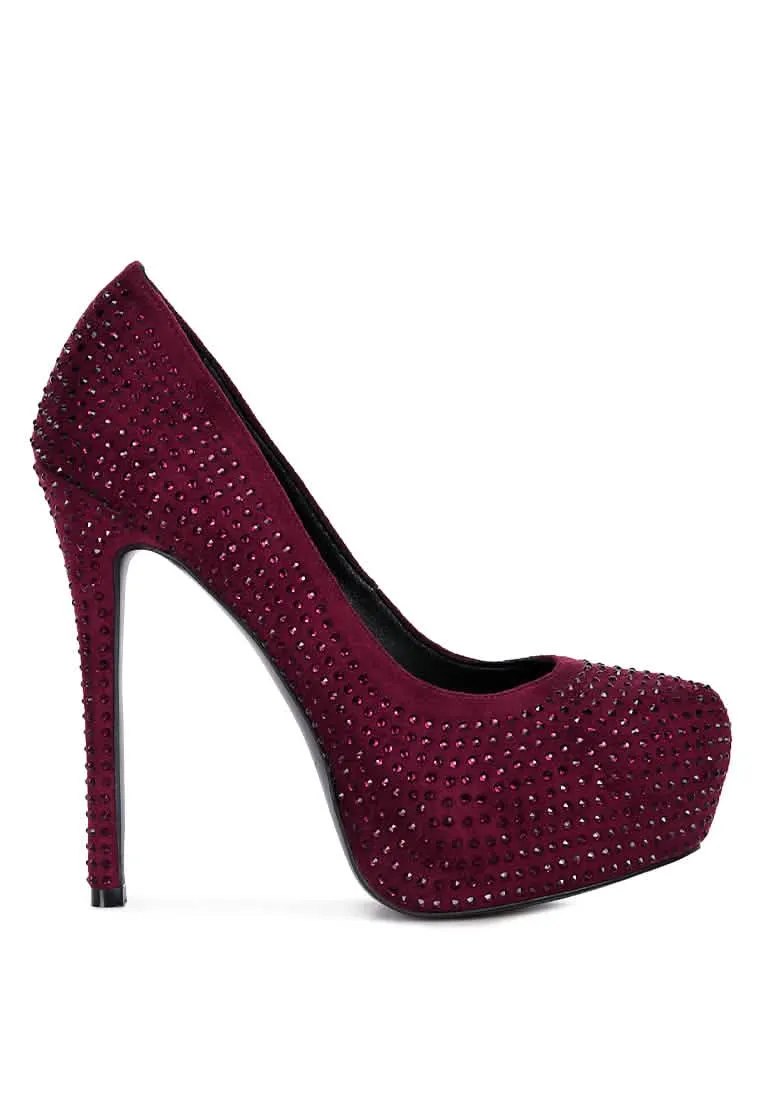 Glamorous Diamante-Studded Faux Suede Stiletto Heels