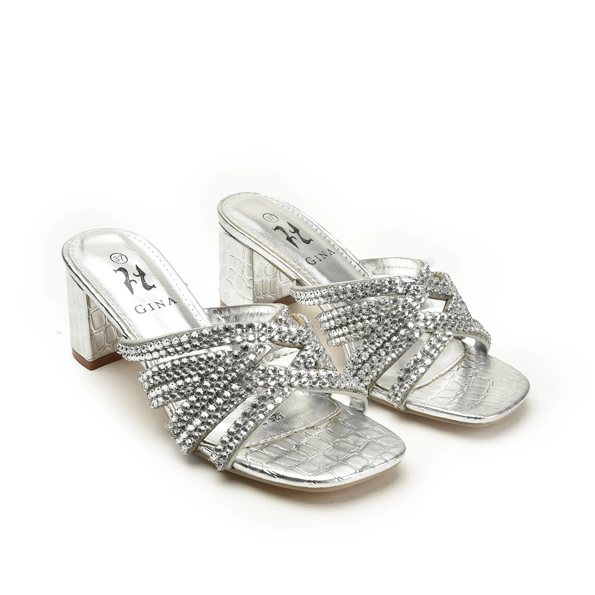 Glamorous Silver Beaded Block Heels | 503L-S