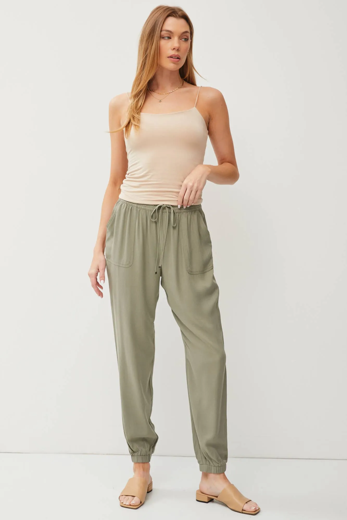 HIGH RISE ELASTIC DRAWSTRING JOGGER PANTS | Sage