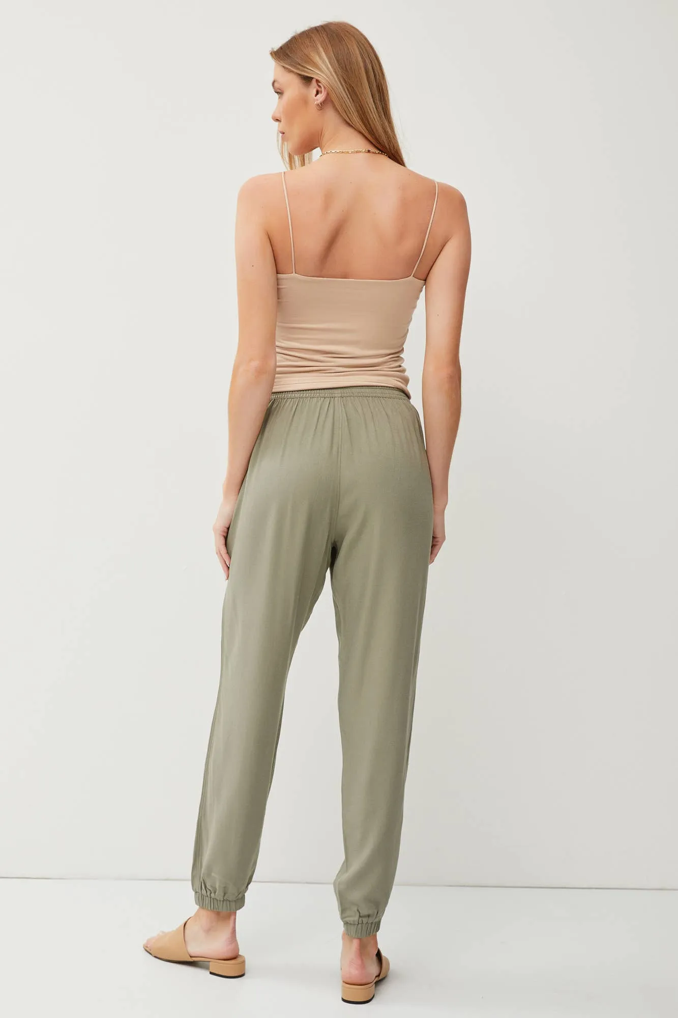 HIGH RISE ELASTIC DRAWSTRING JOGGER PANTS | Sage