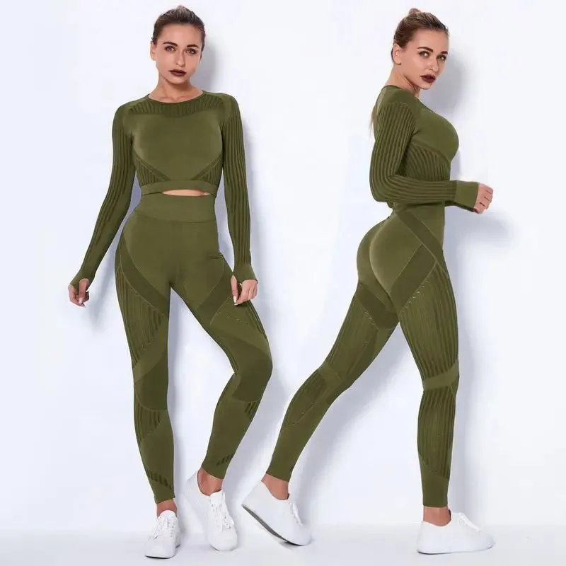 High Waist Leggings Set for Women, Seamless Long Sleeve Yoga Tracksuit for Fitness and Workout