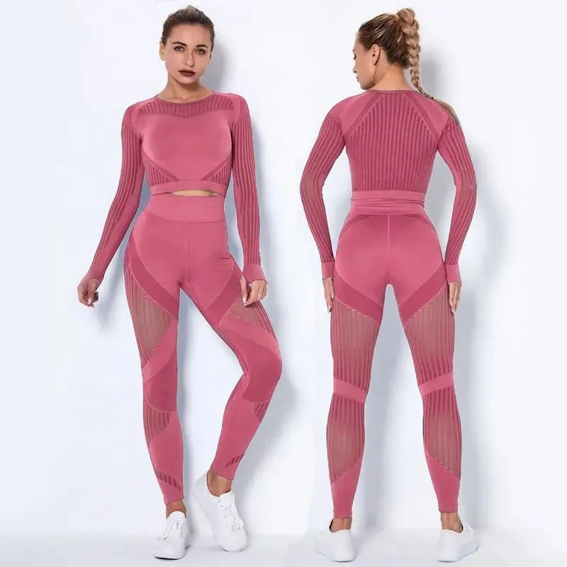 High Waist Leggings Set for Women, Seamless Long Sleeve Yoga Tracksuit for Fitness and Workout