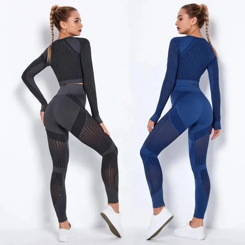 High Waist Leggings Set for Women, Seamless Long Sleeve Yoga Tracksuit for Fitness and Workout