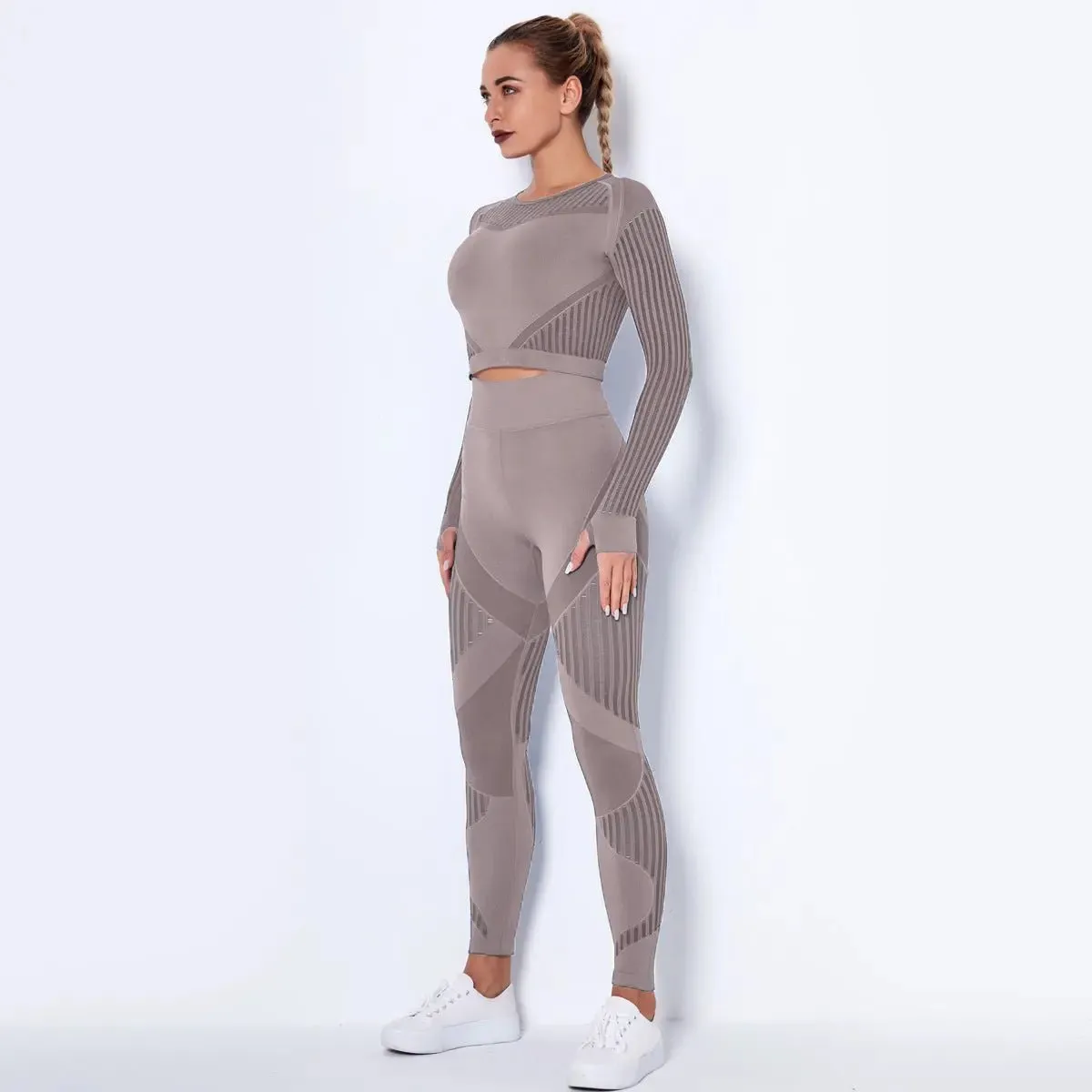 High Waist Leggings Set for Women, Seamless Long Sleeve Yoga Tracksuit for Fitness and Workout