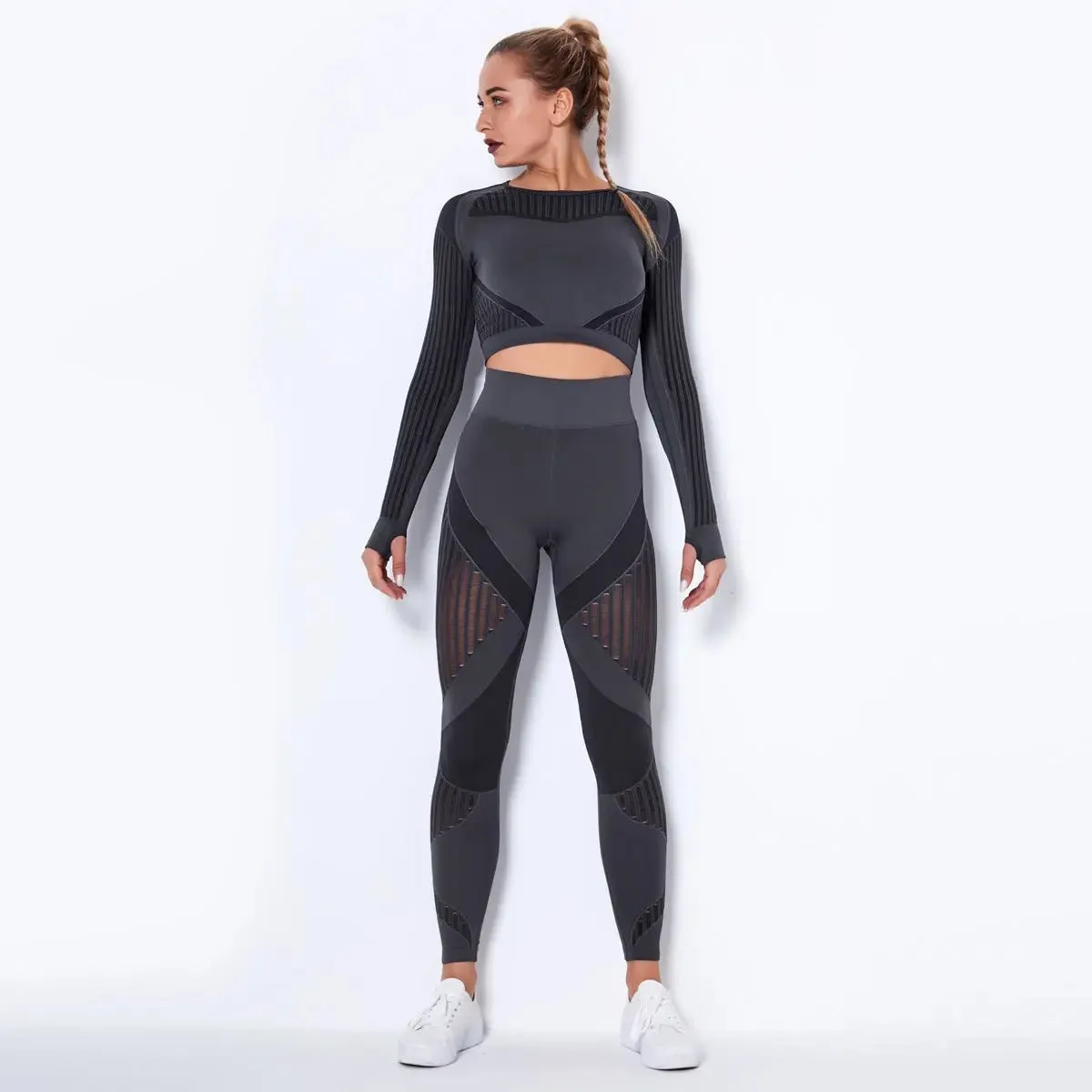 High Waist Leggings Set for Women, Seamless Long Sleeve Yoga Tracksuit for Fitness and Workout