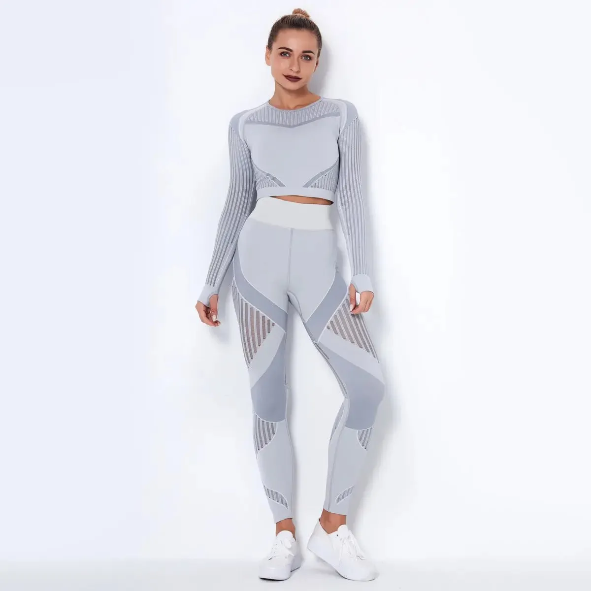 High Waist Leggings Set for Women, Seamless Long Sleeve Yoga Tracksuit for Fitness and Workout