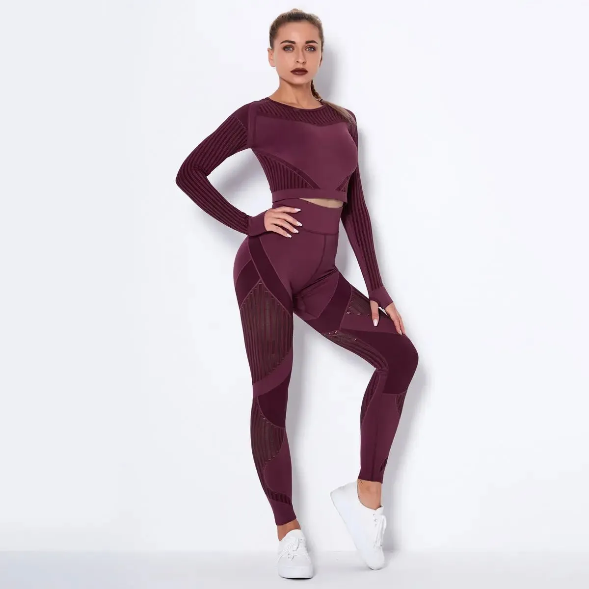 High Waist Leggings Set for Women, Seamless Long Sleeve Yoga Tracksuit for Fitness and Workout