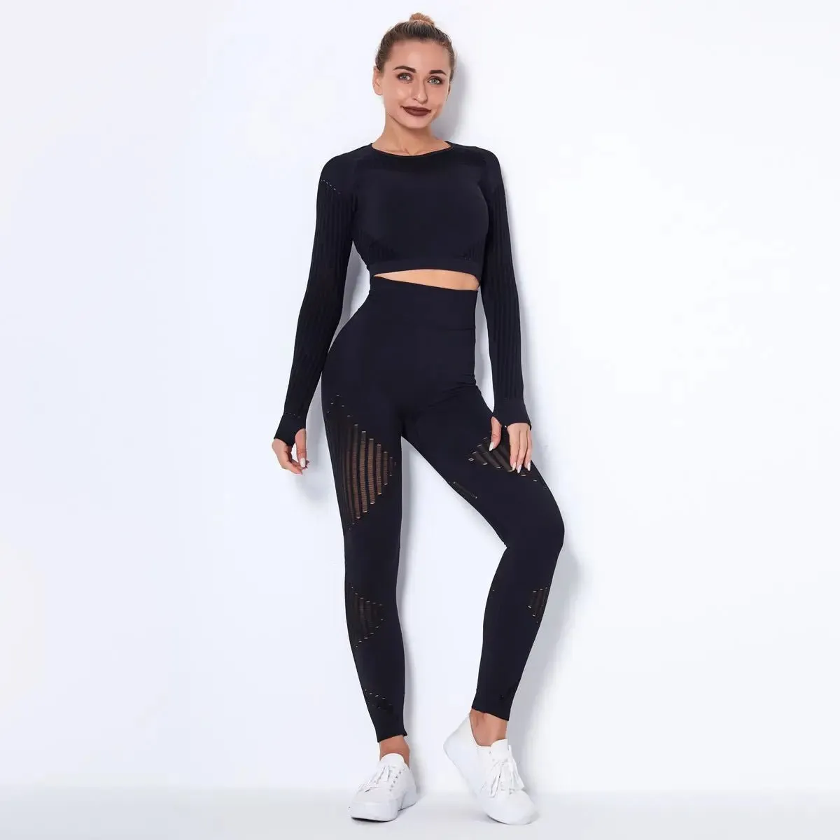 High Waist Leggings Set for Women, Seamless Long Sleeve Yoga Tracksuit for Fitness and Workout