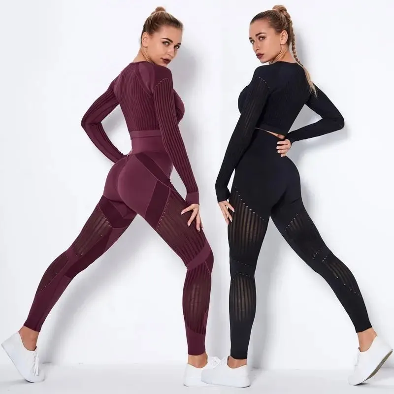 High Waist Leggings Set for Women, Seamless Long Sleeve Yoga Tracksuit for Fitness and Workout