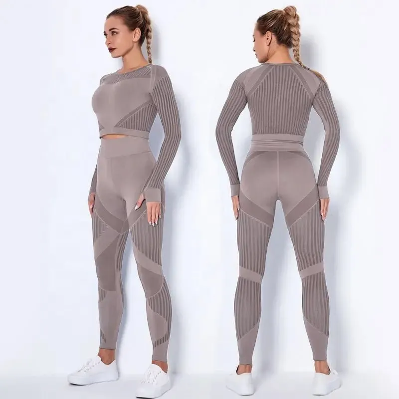 High Waist Leggings Set for Women, Seamless Long Sleeve Yoga Tracksuit for Fitness and Workout