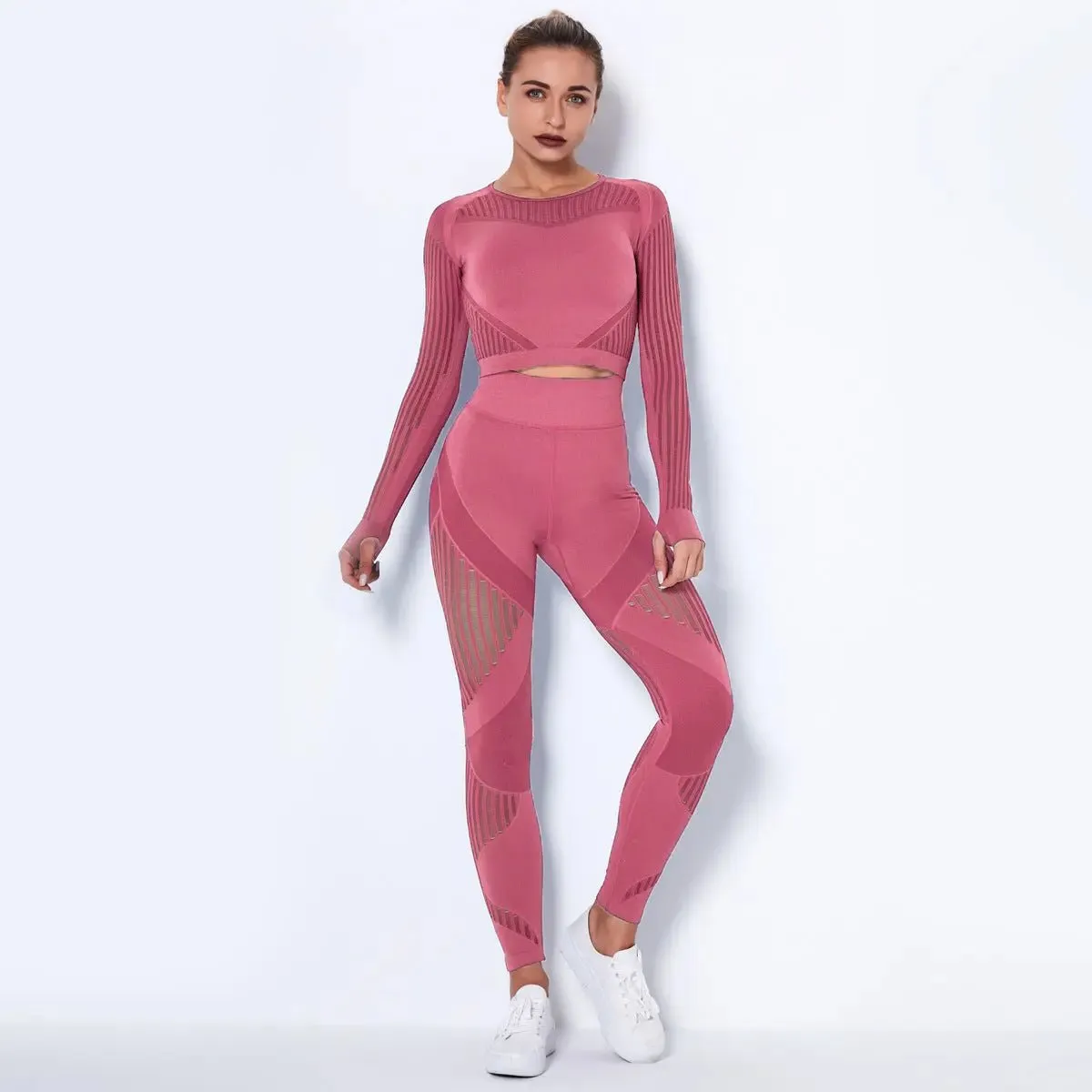 High Waist Leggings Set for Women, Seamless Long Sleeve Yoga Tracksuit for Fitness and Workout