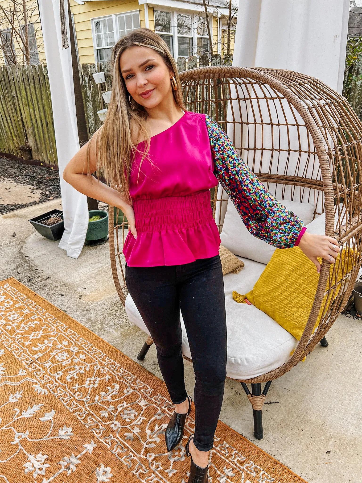 Hooked On You Magenta One Shoulder Sparkly Top