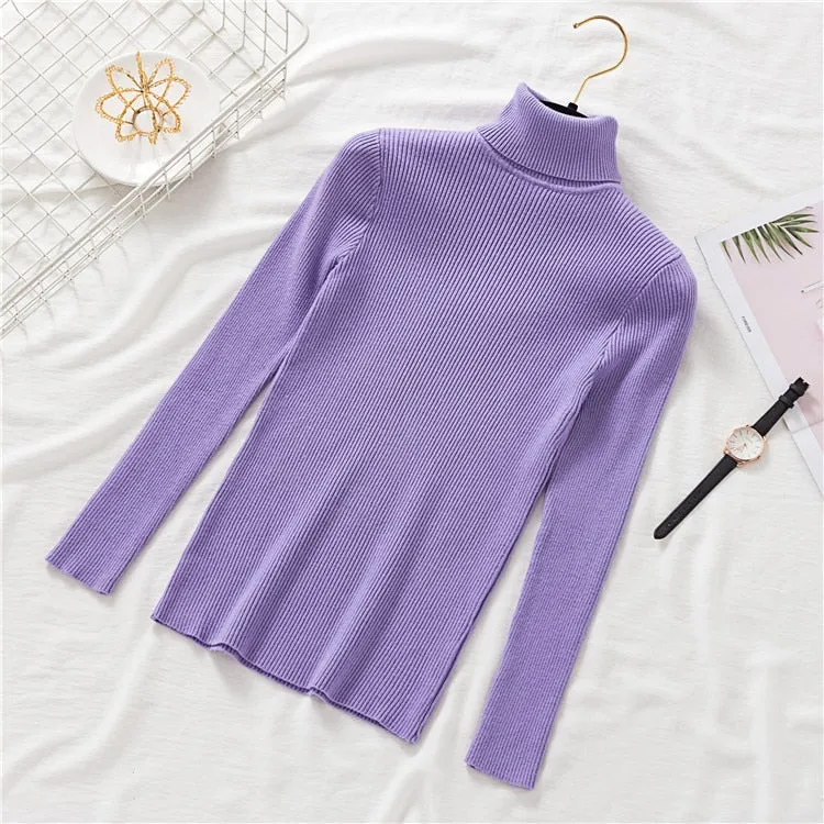 Joskaa Stretch Women Sweaters Turtleneck Pullovers Soft Shirt Long Sleeve Korean Slim Sweater 2024 Autumn Winter Black Jumpers Female