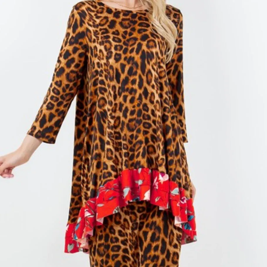 Katrina Asymmetrical Animal Print Contrast Top With Red/Rust Floral Ruffle