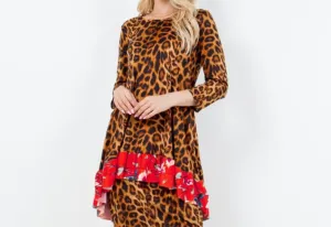 Katrina Asymmetrical Animal Print Contrast Top With Red/Rust Floral Ruffle