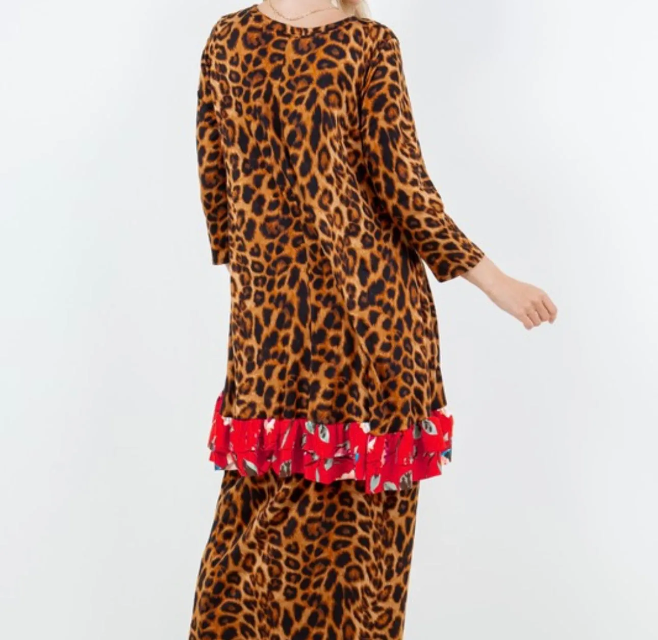 Katrina Asymmetrical Animal Print Contrast Top With Red/Rust Floral Ruffle