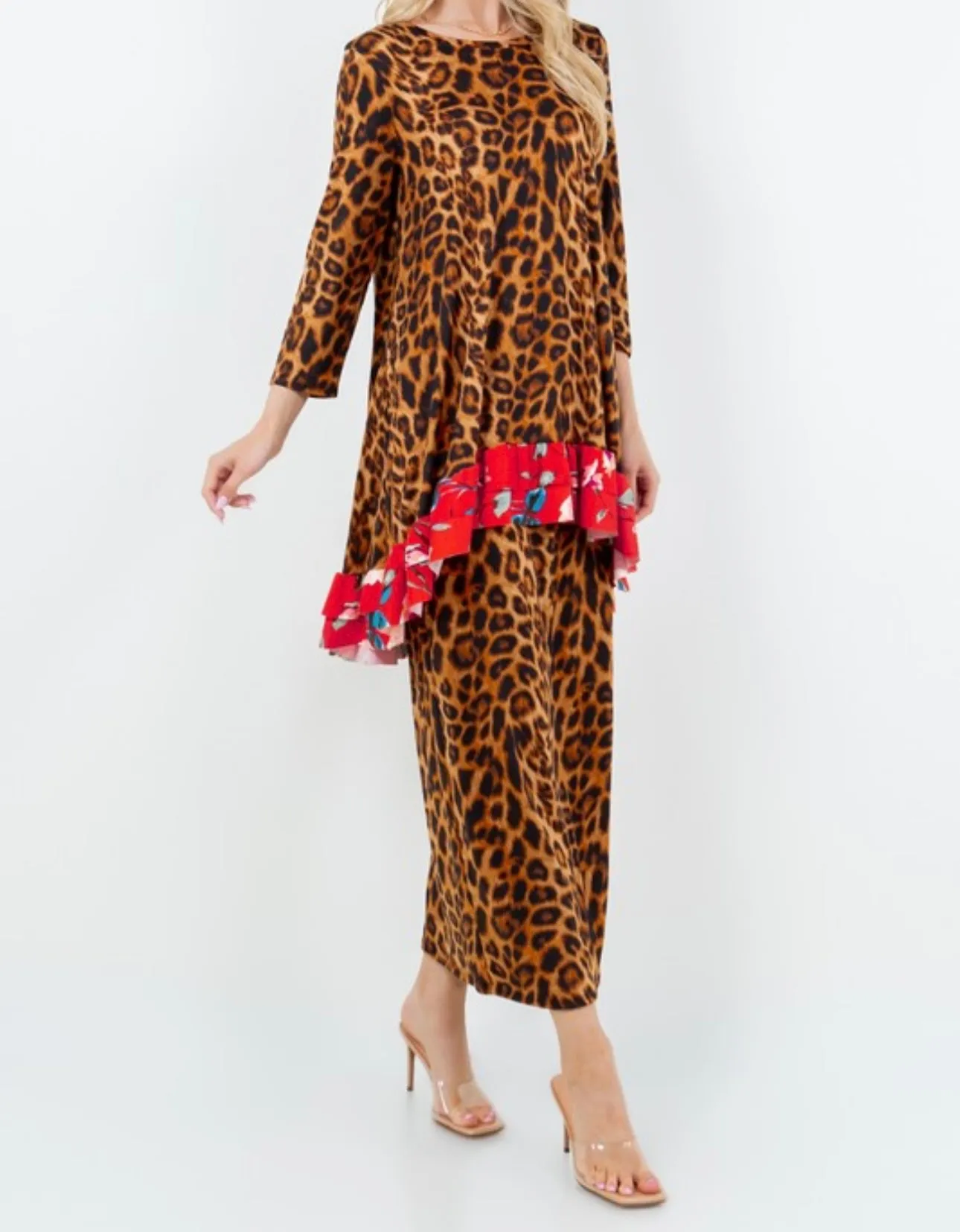 Katrina Asymmetrical Animal Print Contrast Top With Red/Rust Floral Ruffle