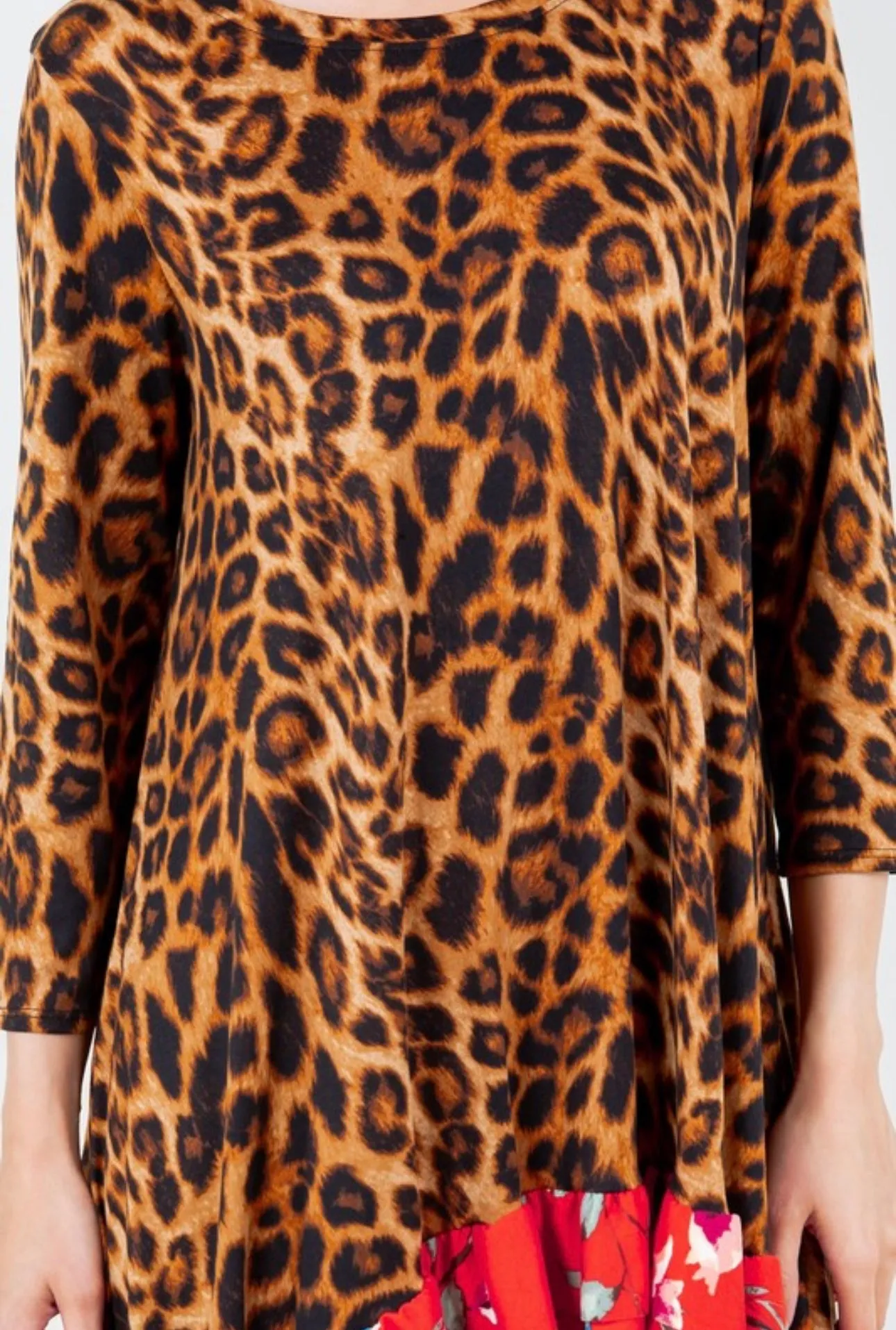 Katrina Asymmetrical Animal Print Contrast Top With Red/Rust Floral Ruffle