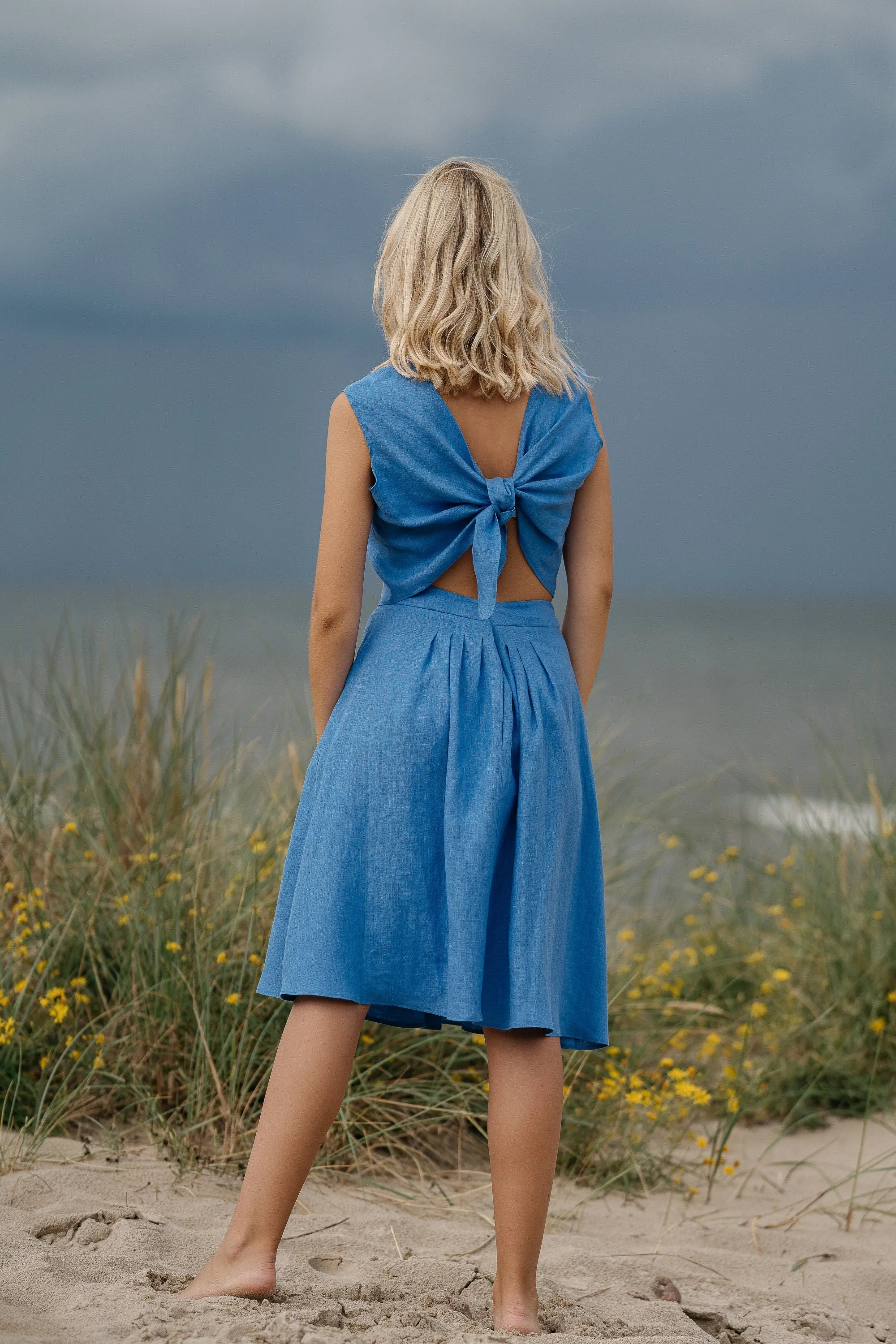 Linen Crop Top With Tie Back ROME In Blue