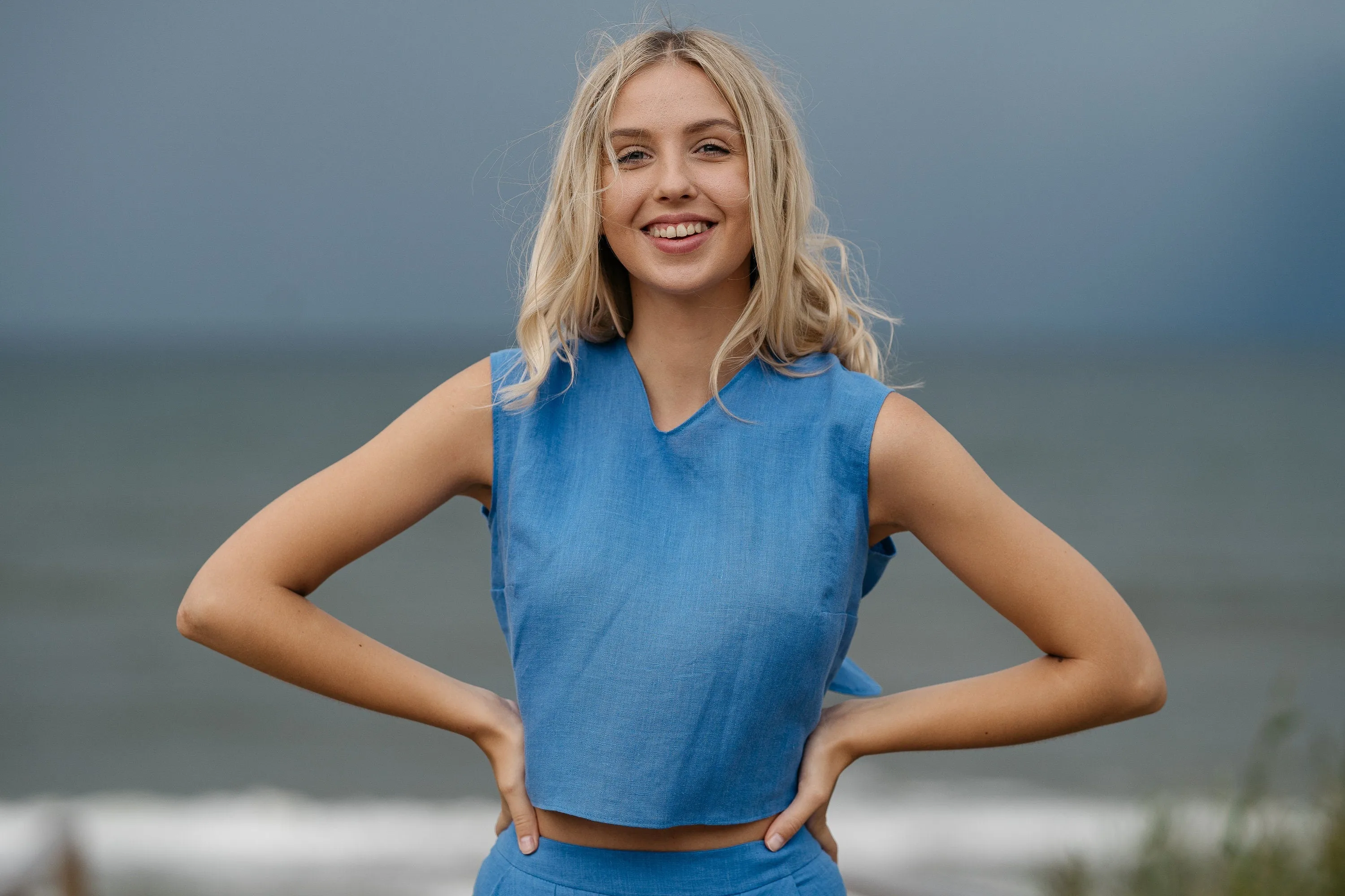 Linen Crop Top With Tie Back ROME In Blue