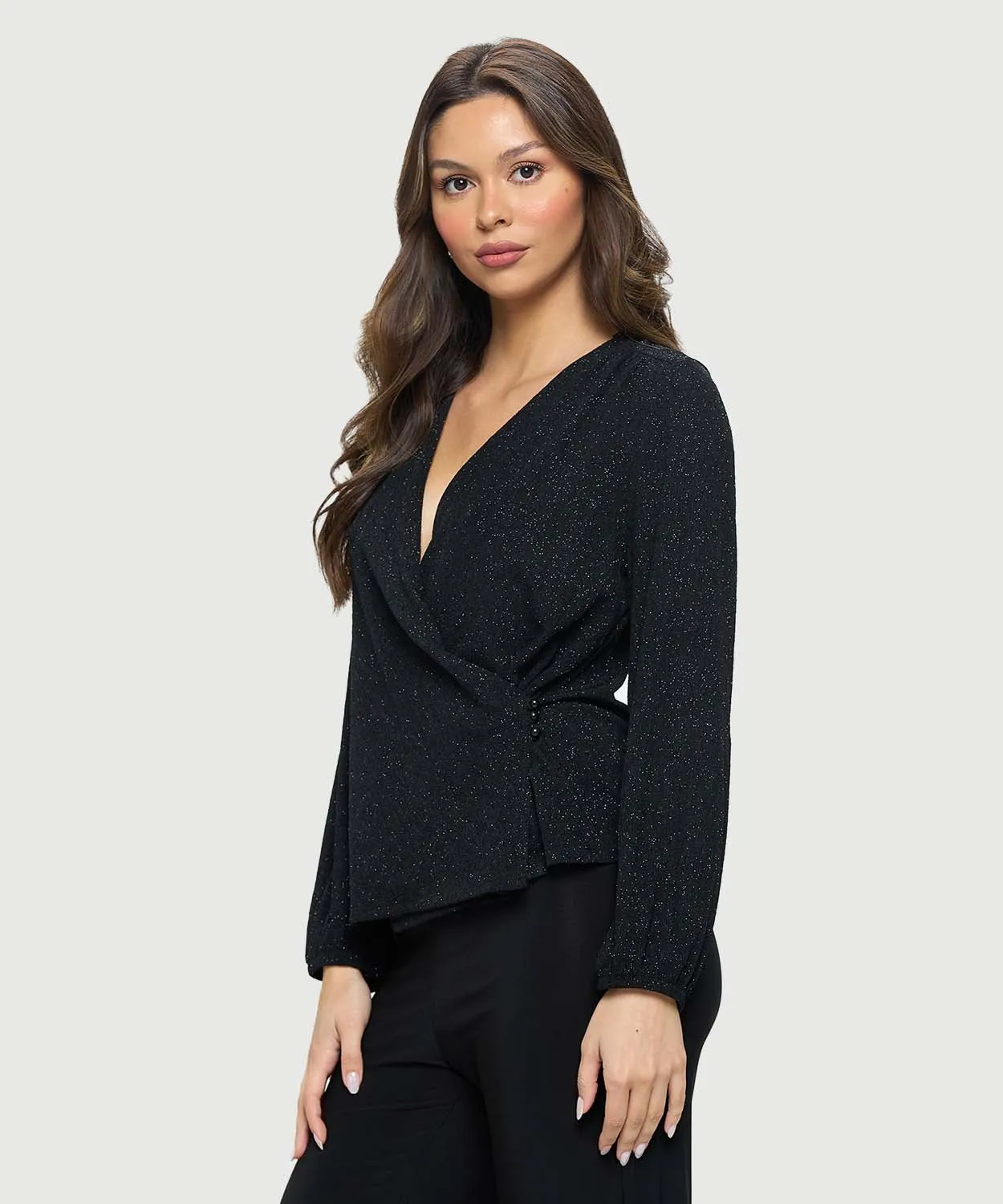 Long Sleeve Crossover Surplice Top | Black Sparkle