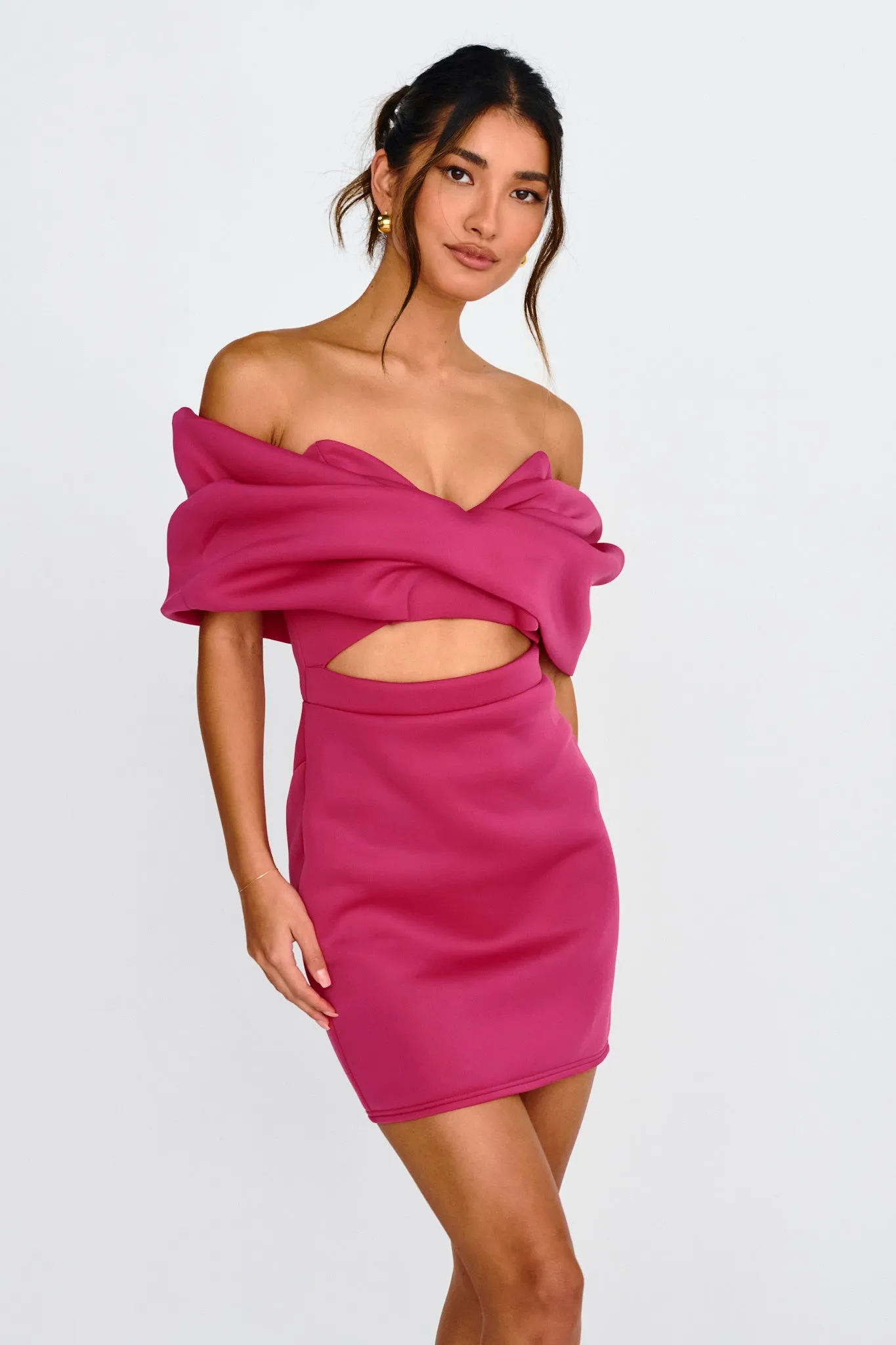 Lucky Star Off Shoulder Cut-Out Mini Dress Fuchsia