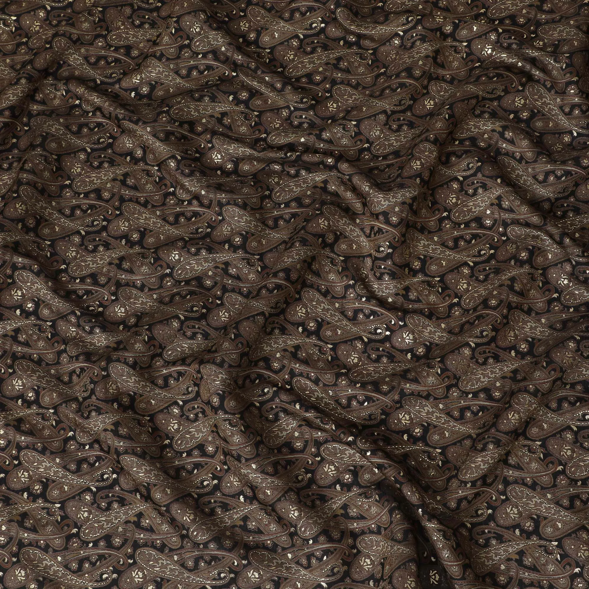 Luxurious Chocolate Brown Cotton Lawn Fabric with Silver Paisley Print, 110 cm Wide-D19144