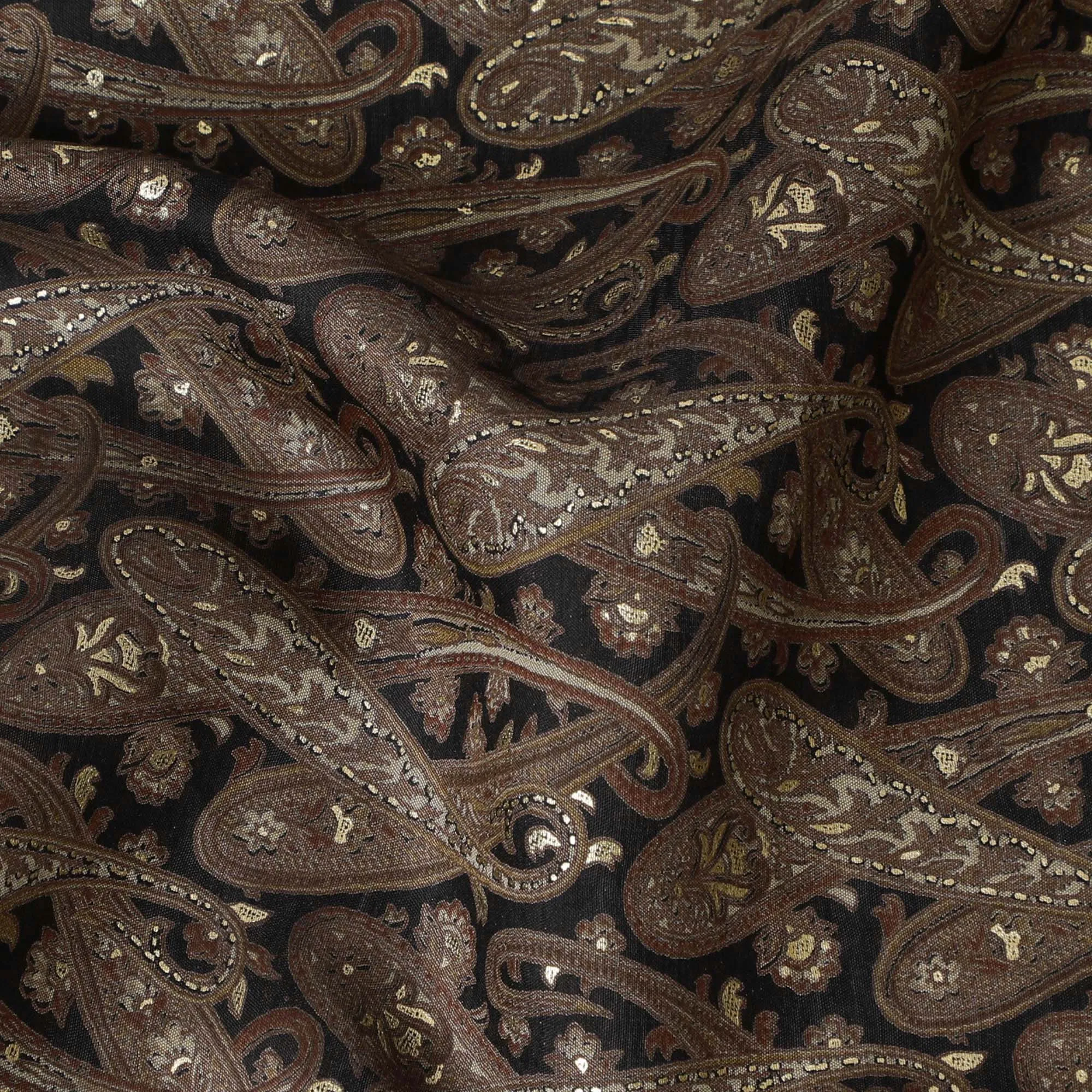 Luxurious Chocolate Brown Cotton Lawn Fabric with Silver Paisley Print, 110 cm Wide-D19144