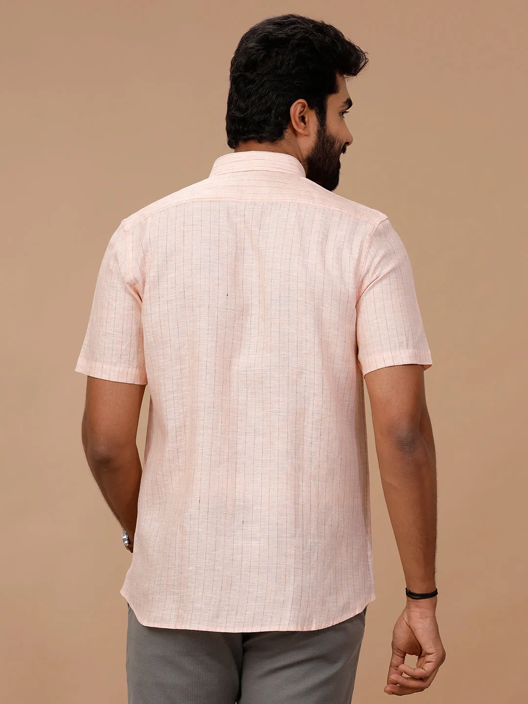 Men Pure Linen Striped Shirt Pink - LS89