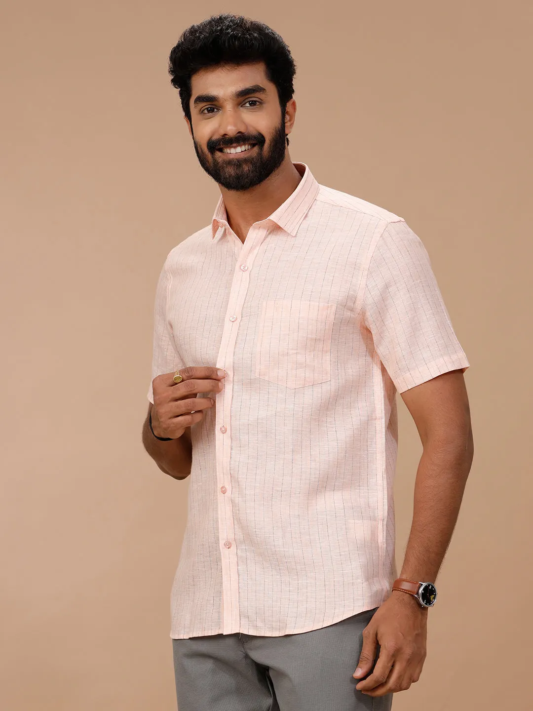 Men Pure Linen Striped Shirt Pink - LS89