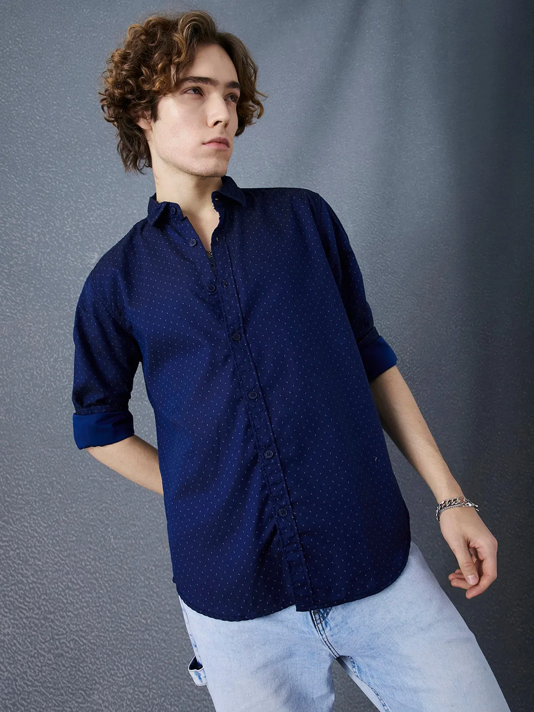 Men Relax Fit Premium Cotton With Blue Motiff Printed Casual Shirt