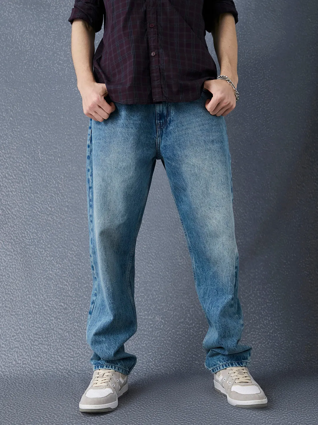 Men Straight Fit Heavy Washed Cotton Indigo Jeans