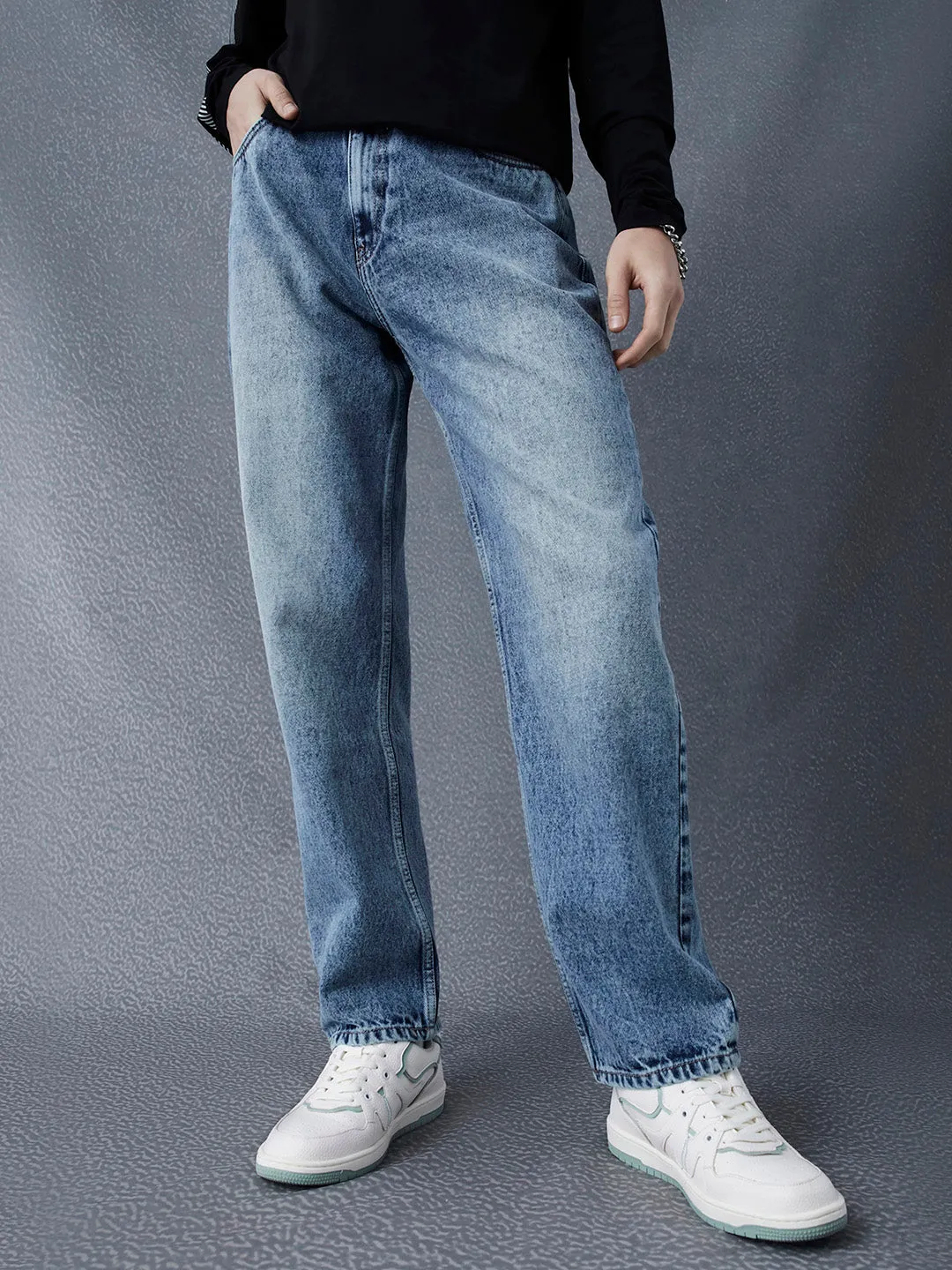 Men Straight Fit Heavy Washed Cotton Indigo Jeans