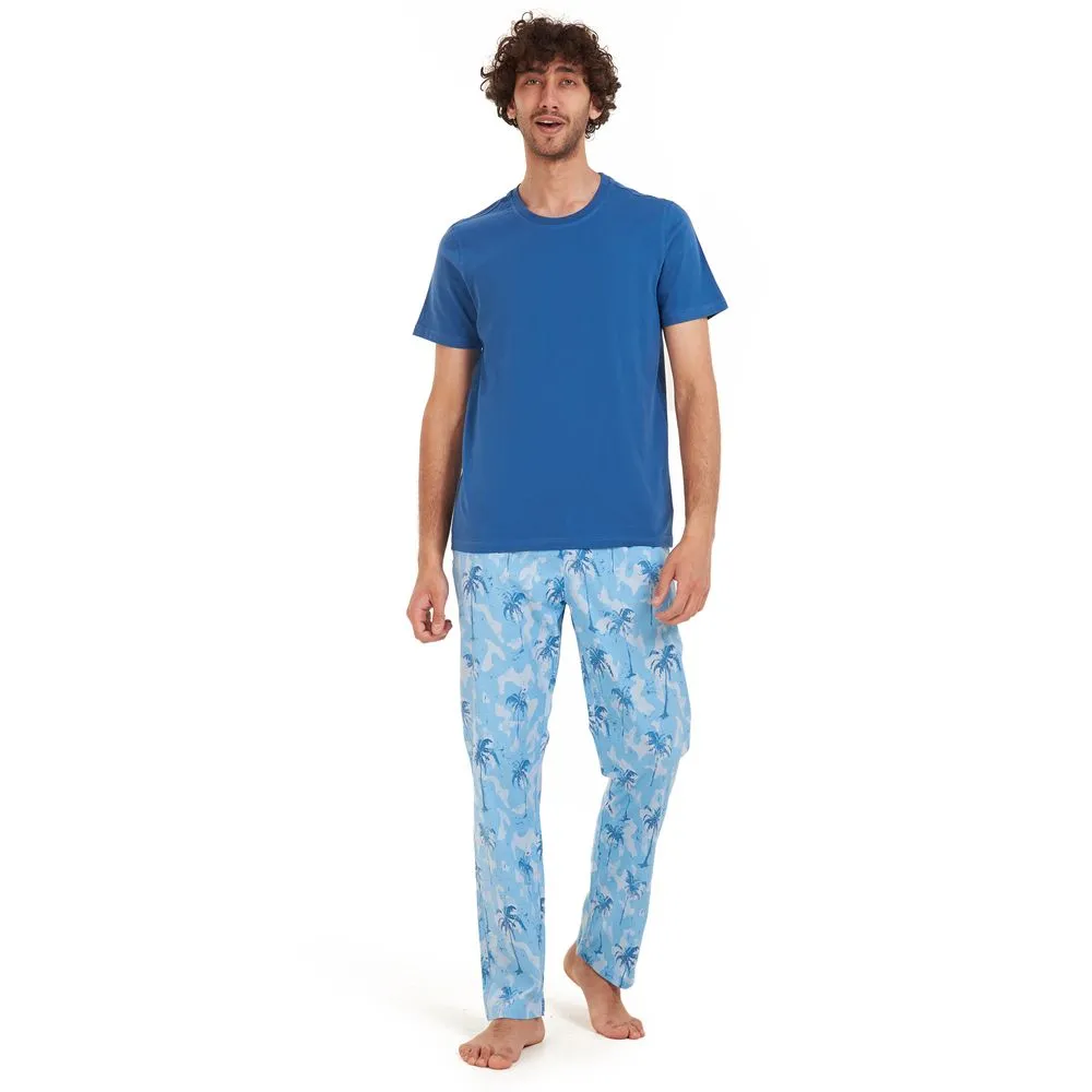 Men summer pajama set Petroleum t-shirt  Light blue Palm Pants