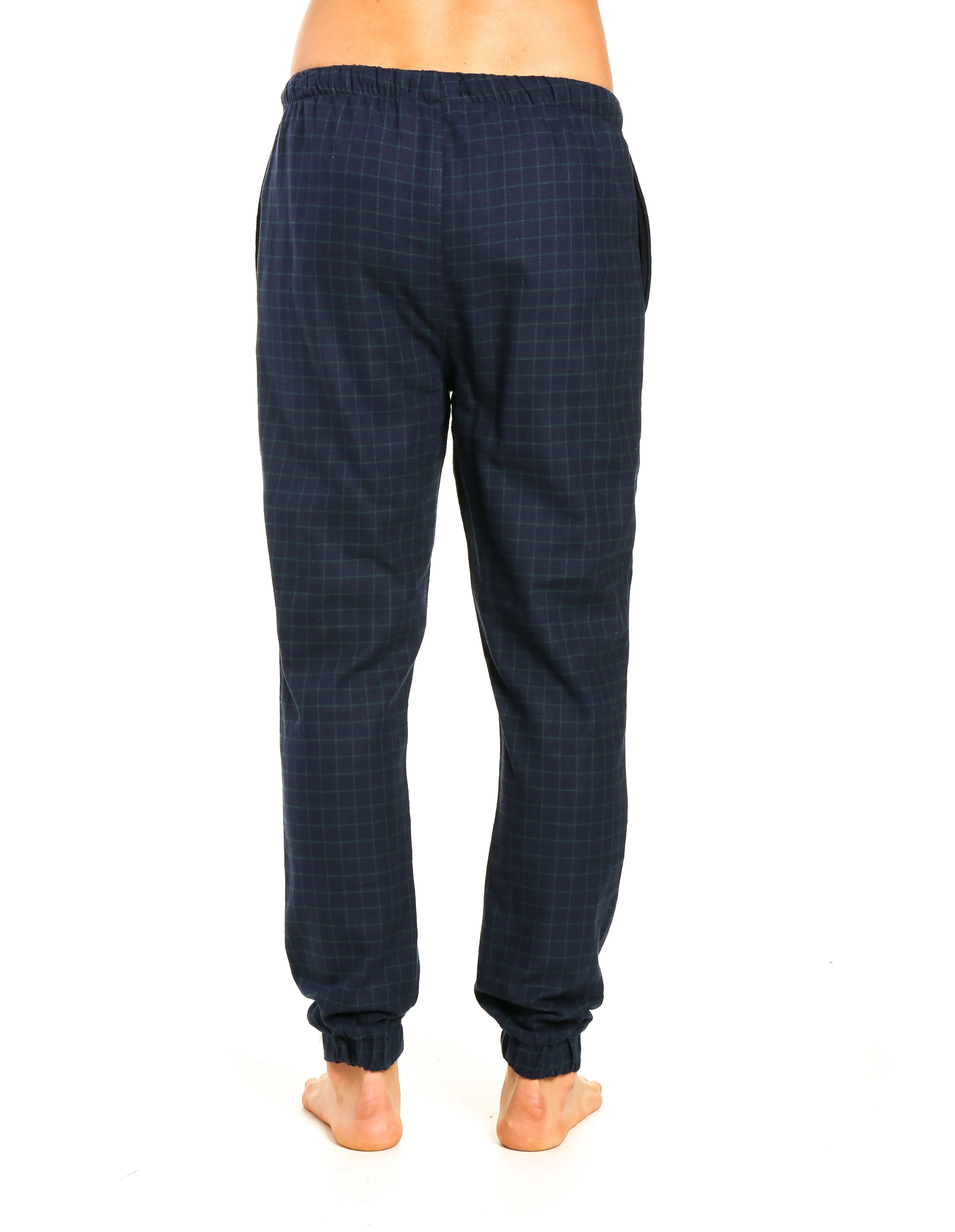 Mens 100% Cotton Flannel Jogger Lounge Pants - Windowpane Checks - Navy Green