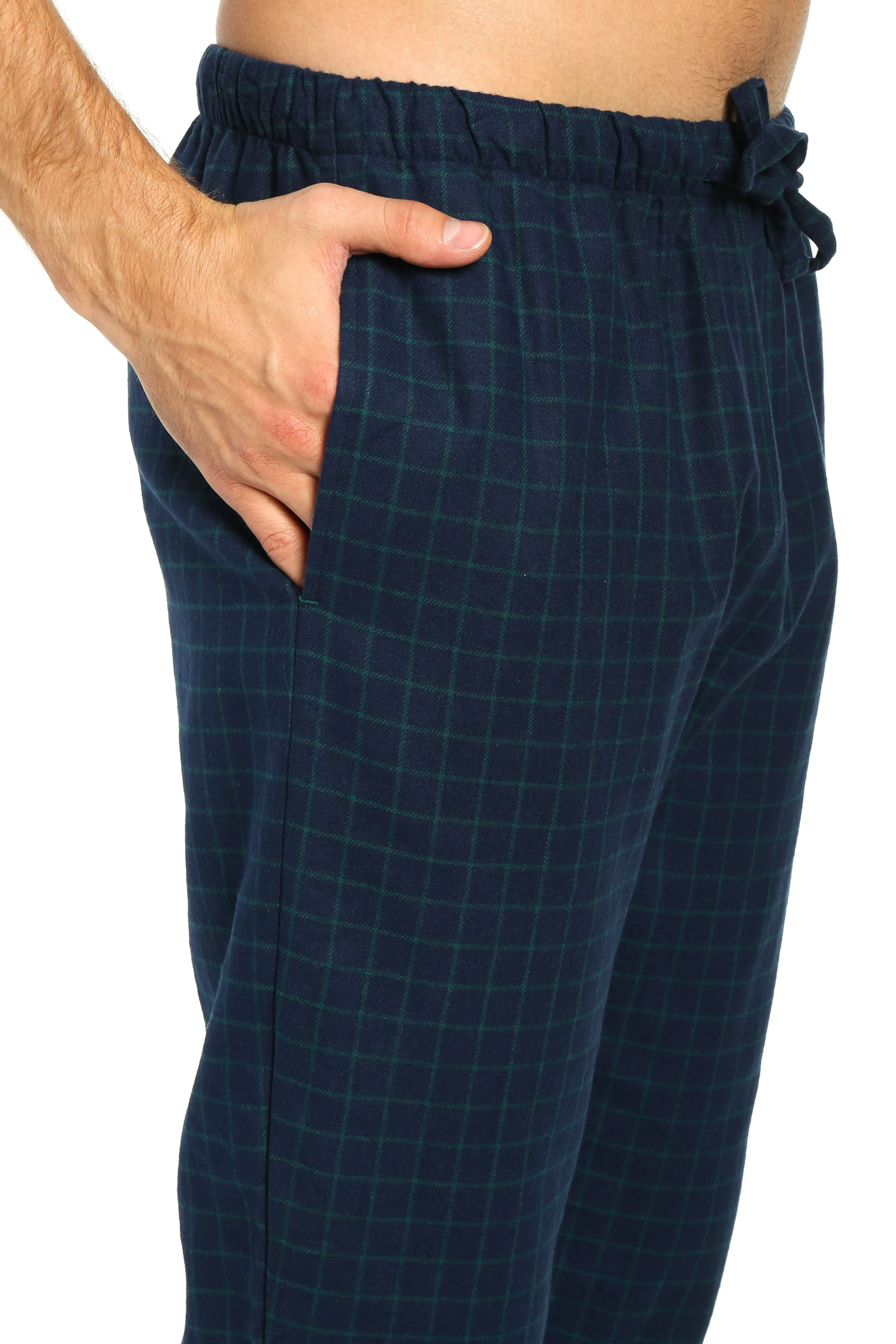 Mens 100% Cotton Flannel Jogger Lounge Pants - Windowpane Checks - Navy Green