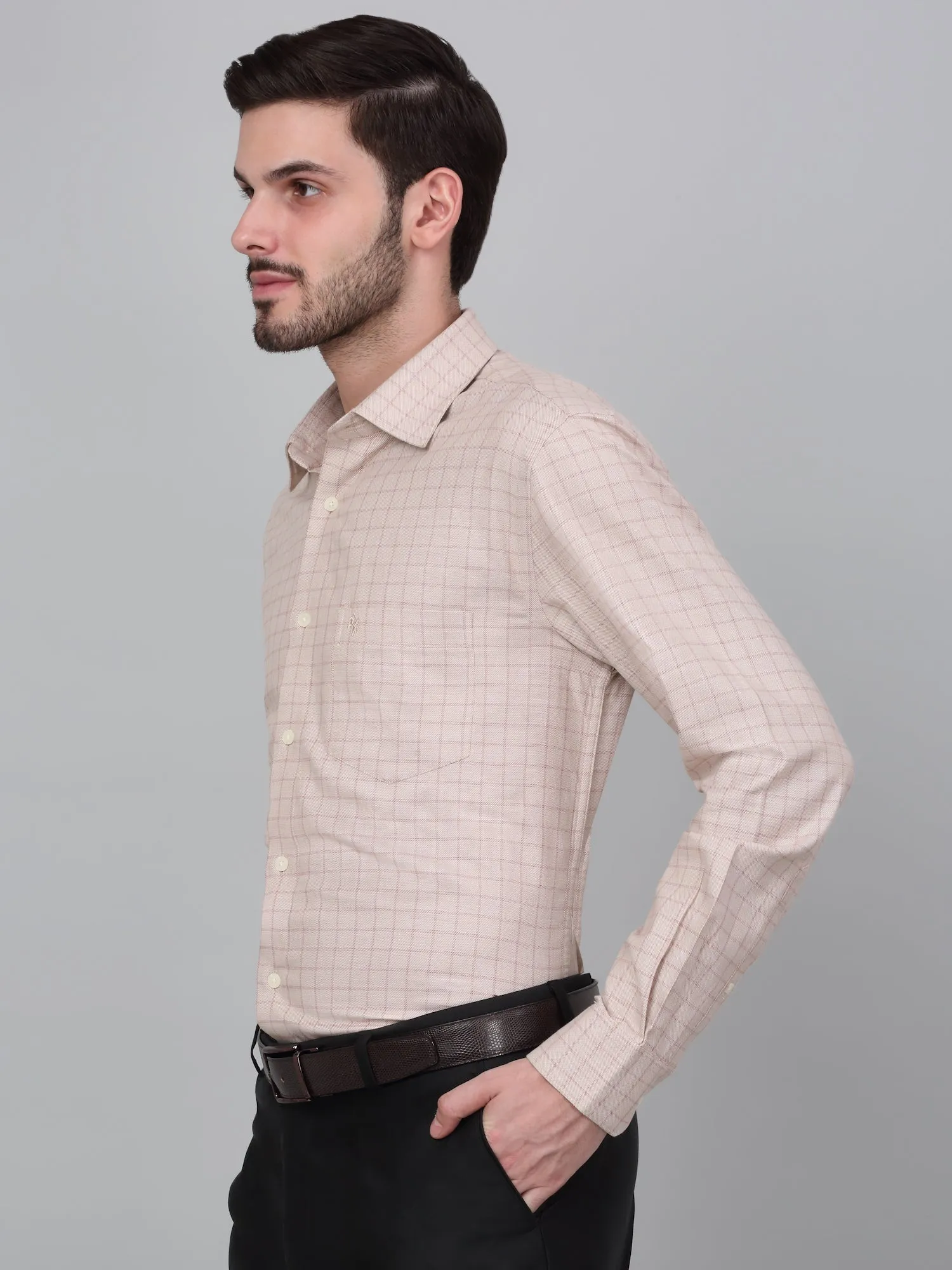 Men's Beige Checkered Full Sleeve Formal Shirt