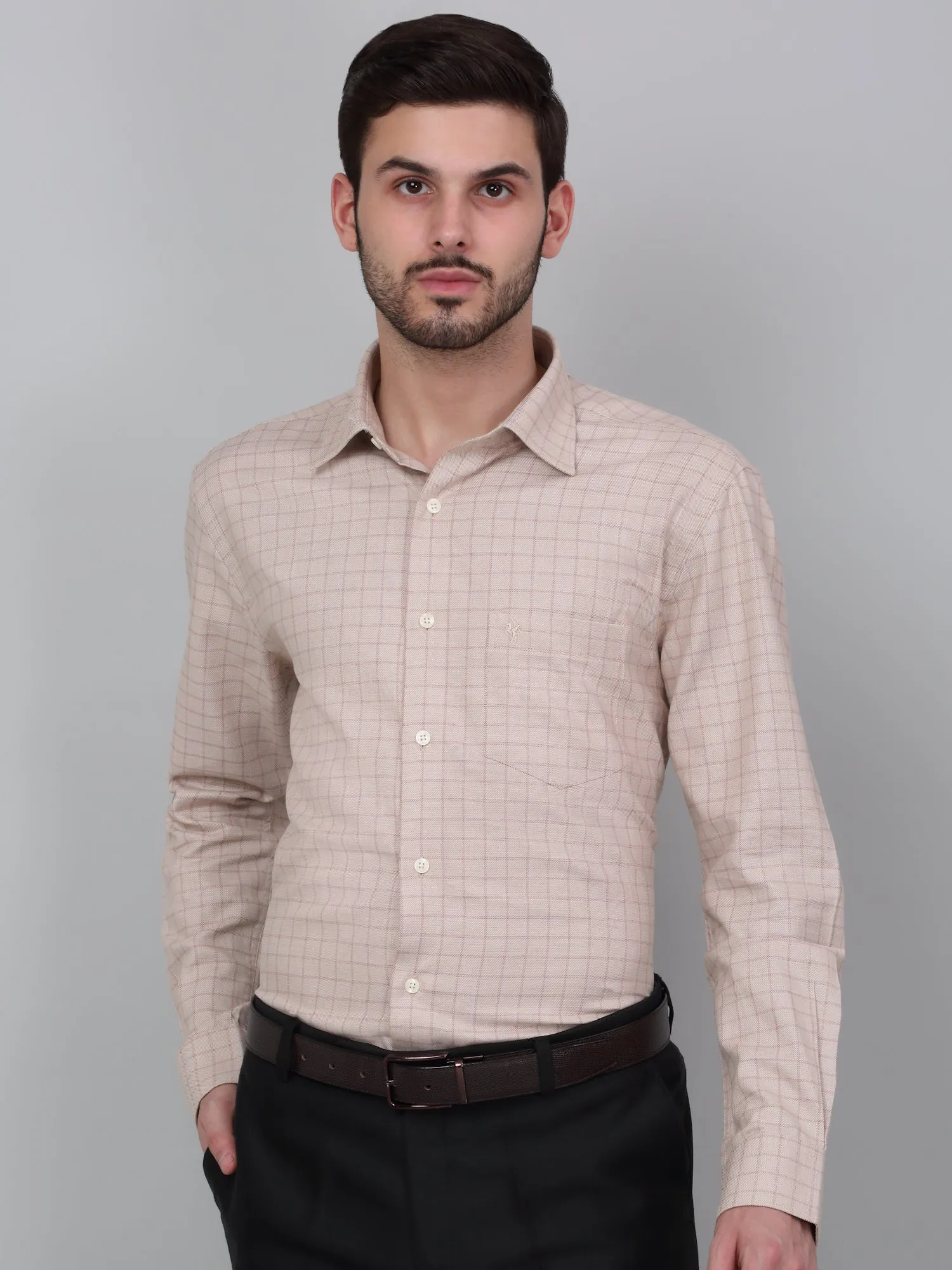 Men's Beige Checkered Full Sleeve Formal Shirt