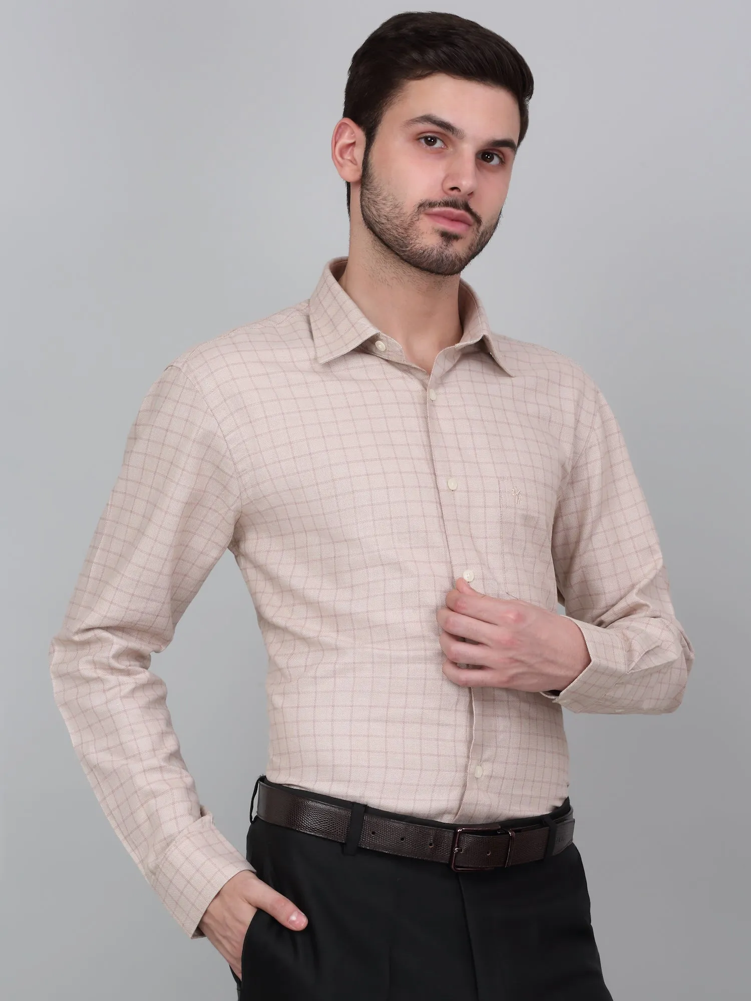 Men's Beige Checkered Full Sleeve Formal Shirt