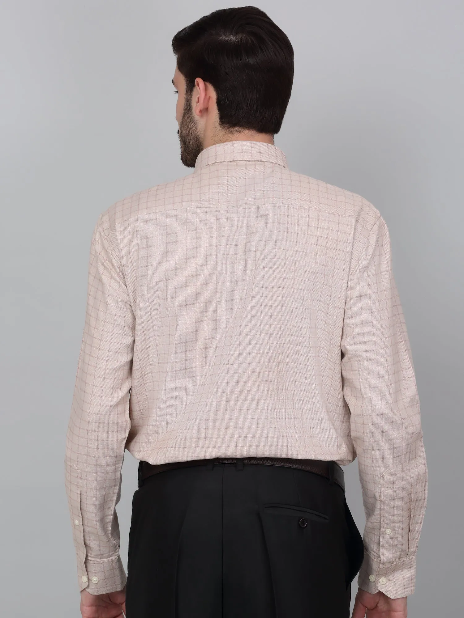 Men's Beige Checkered Full Sleeve Formal Shirt