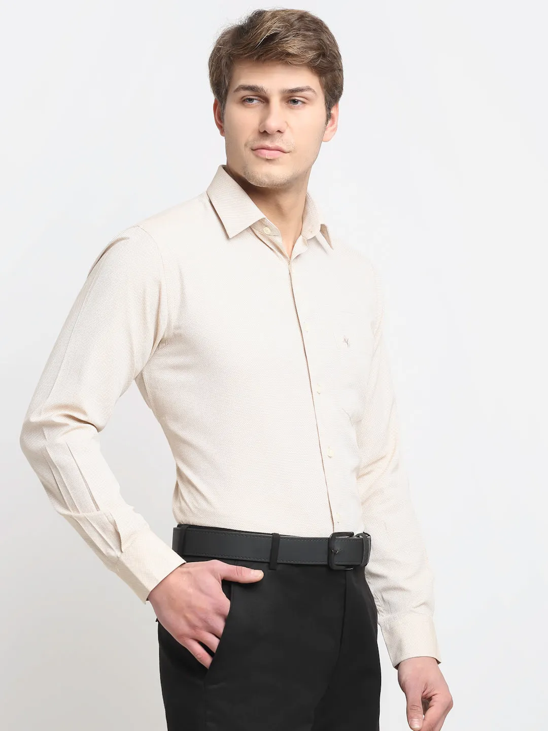 Men's Beige Formal Self Textured Full Sleeve Shirt