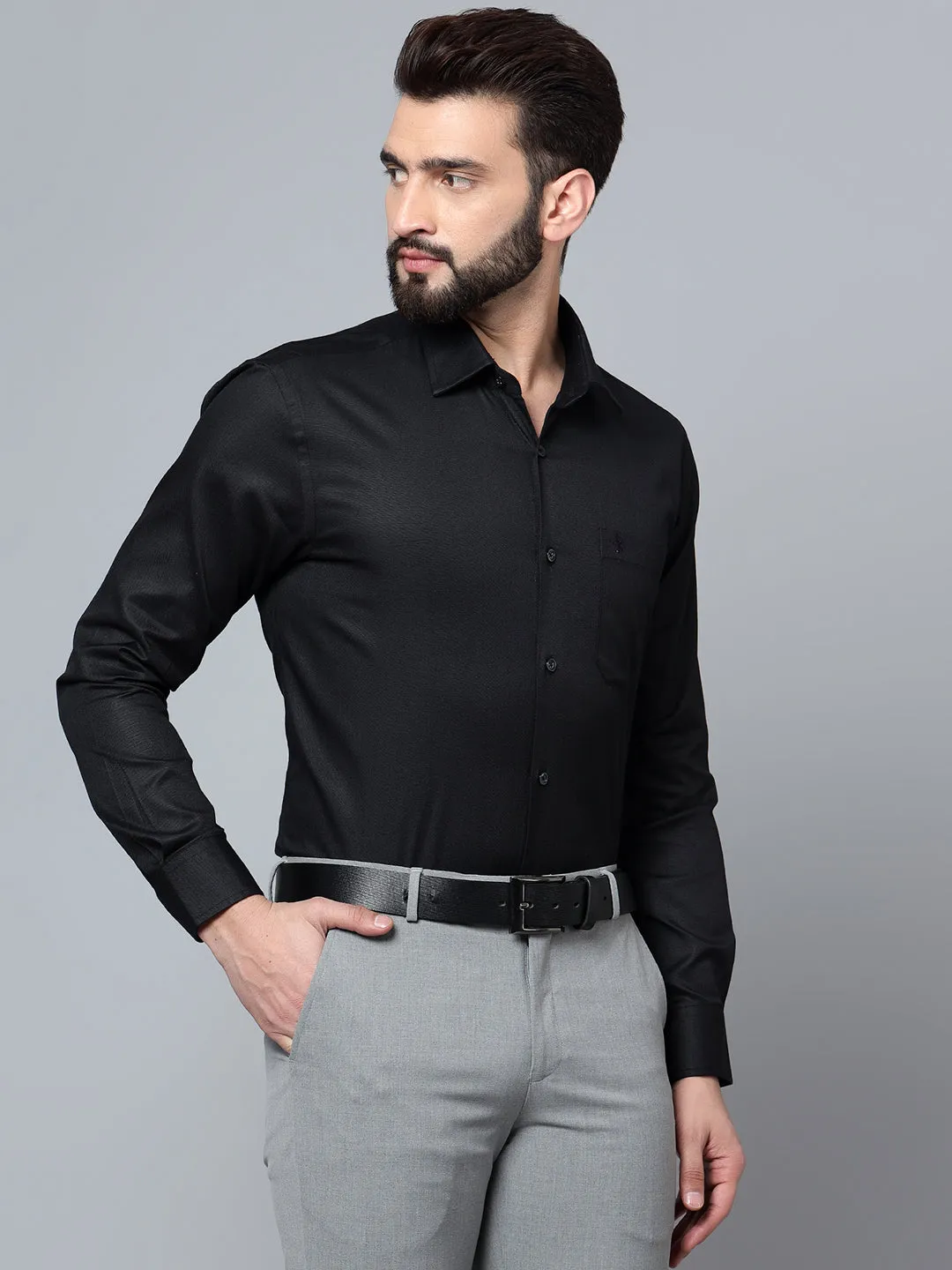 Men's Black Formal Self Textured Full Sleeve Shirt