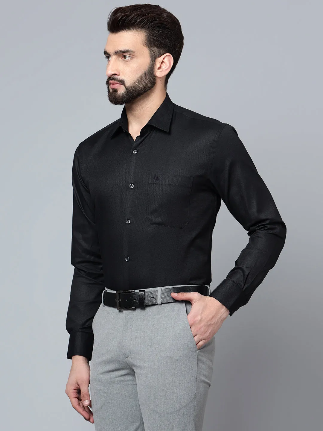 Men's Black Formal Self Textured Full Sleeve Shirt