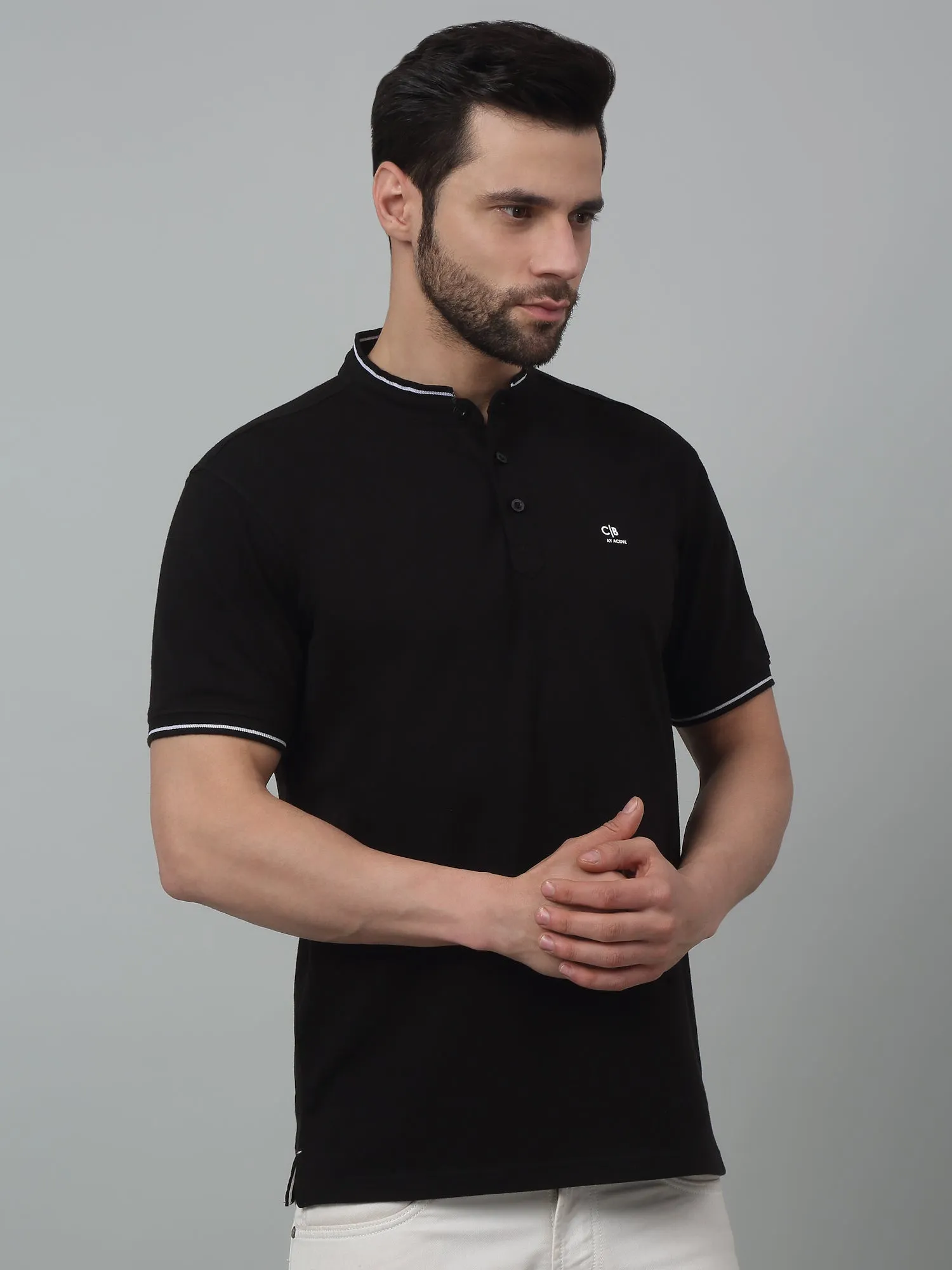 Men's Black  Mandarin neck Half Sleeve T-Shirt