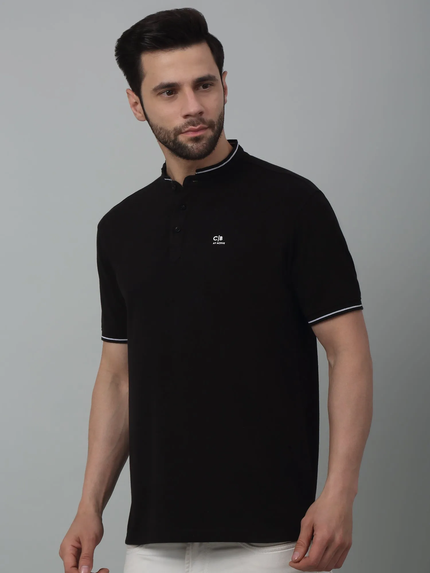 Men's Black  Mandarin neck Half Sleeve T-Shirt